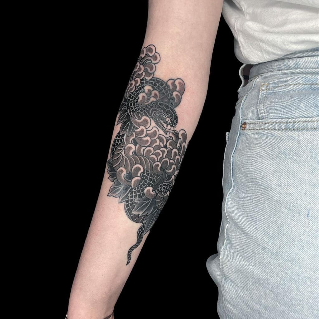 Snake And Chrysanthemum Tattoo Art