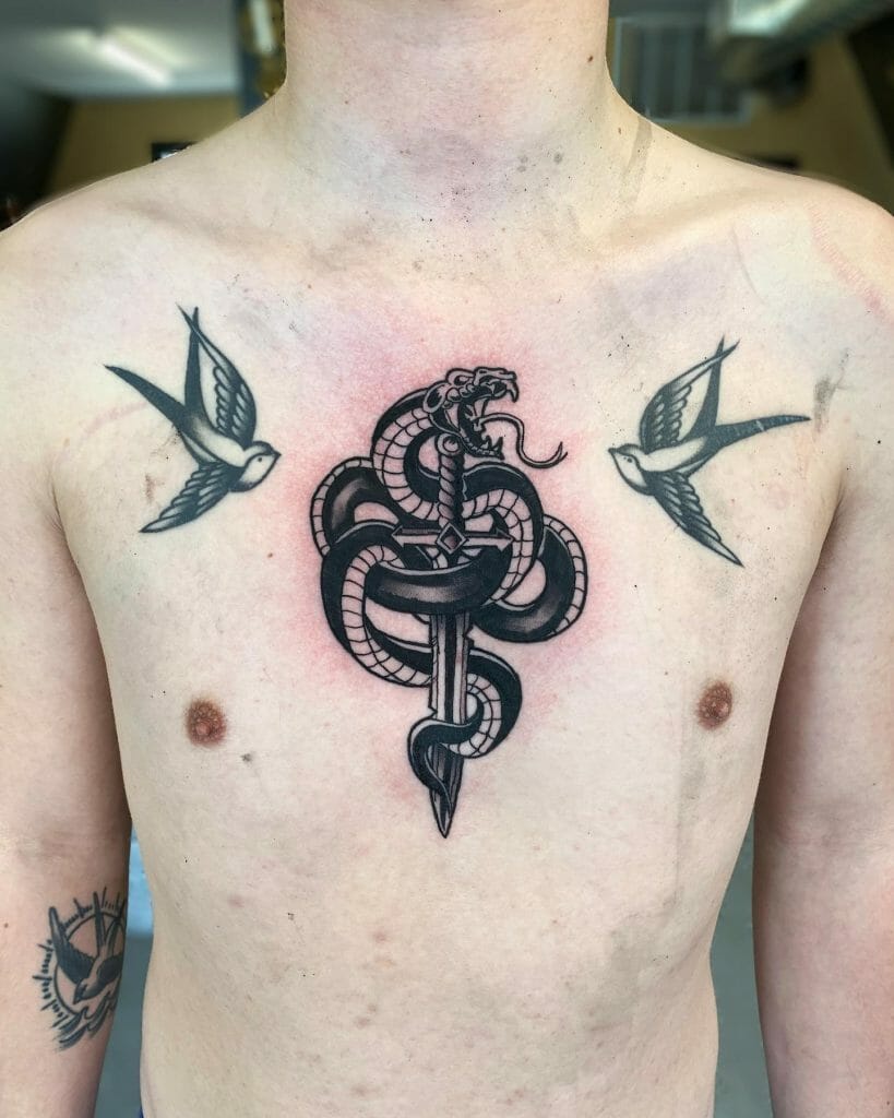 Snake And Dagger Chest Tattoo