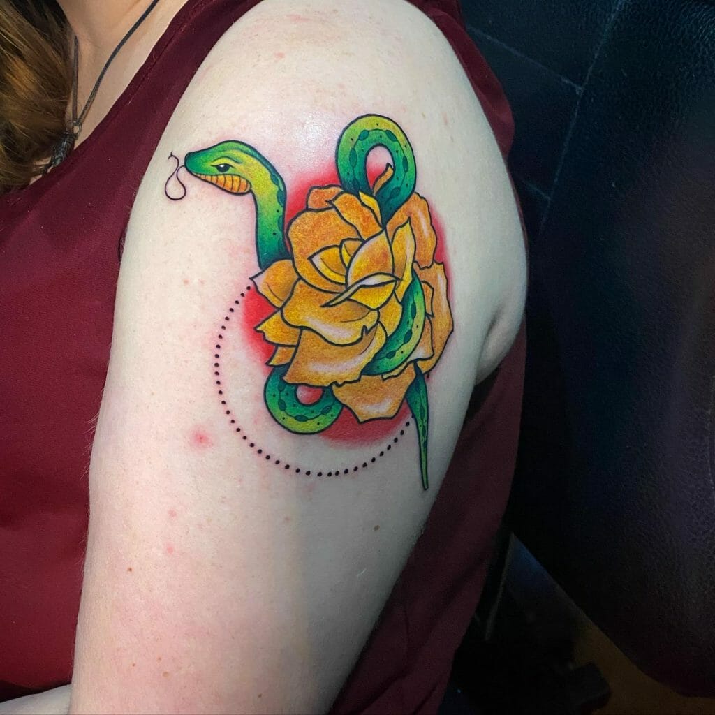 Snake And Yellow Rose Tattoo