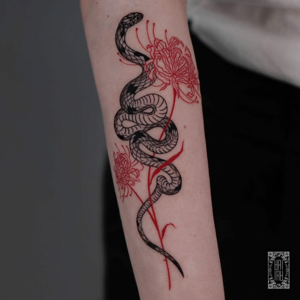 Snake Tattoo With Flowers