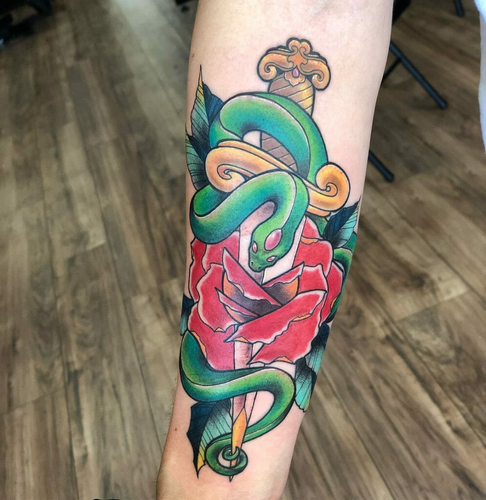 Snake With Dagger And Rose Tattoo