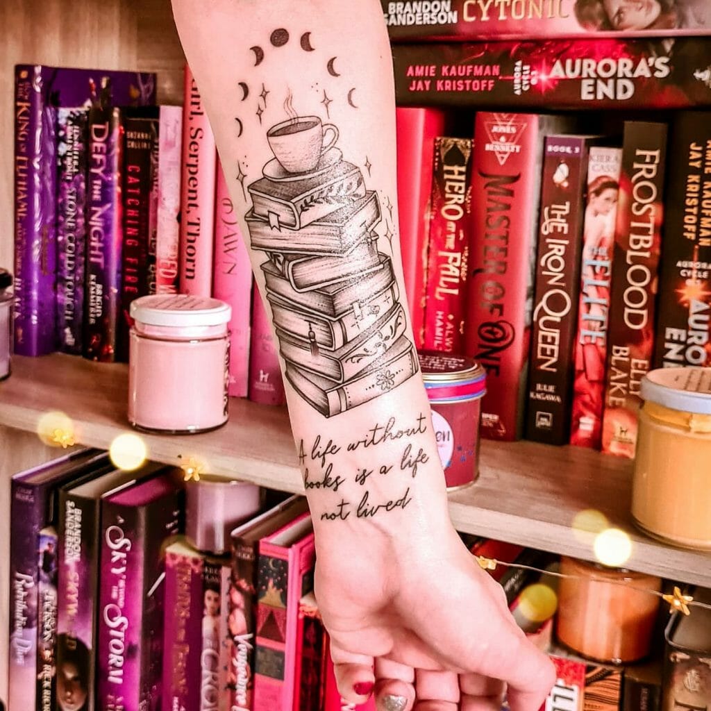 Stack of Books with Quote Tattoo Design
