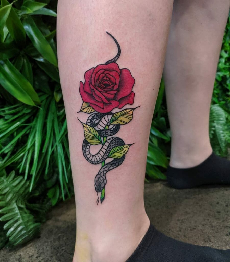 Stunning Snake And Rose Tattoo