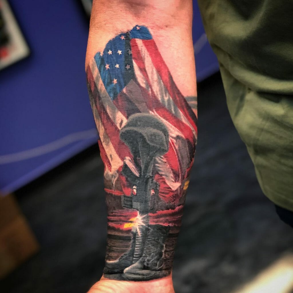 Symbolic Fallen Soldier Tattoo on Arms