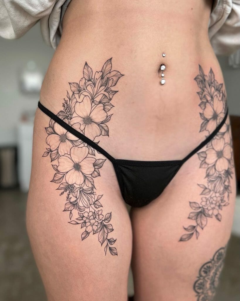 Symmetric Floral Tattoo On Both Hips