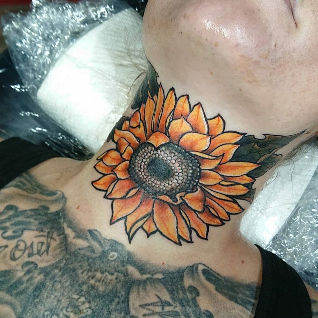 Throat Female Neck Tattoo Of Sunflower