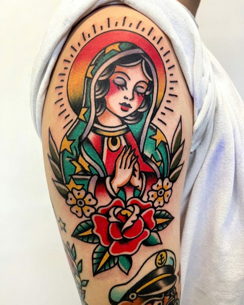 Traditional Style Virgin Mary Tattoos On Forearm