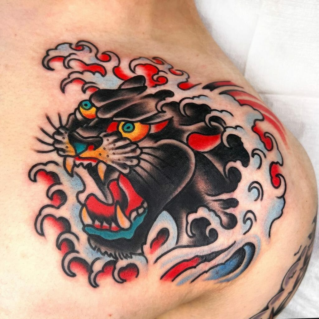 Traditional Tattoo Panther Head Tattoo With Wave