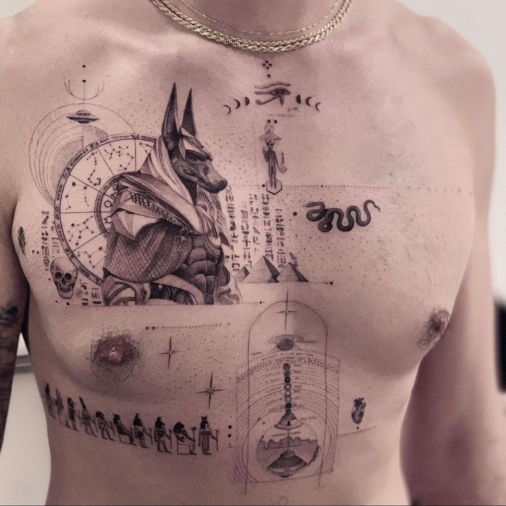Unique Egyptian Gods And Great Pyramids Tattoo