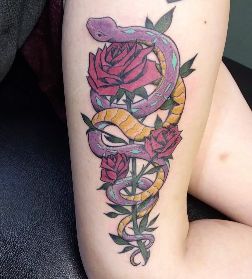 Vibrant Snake And Red Rose Tattoo