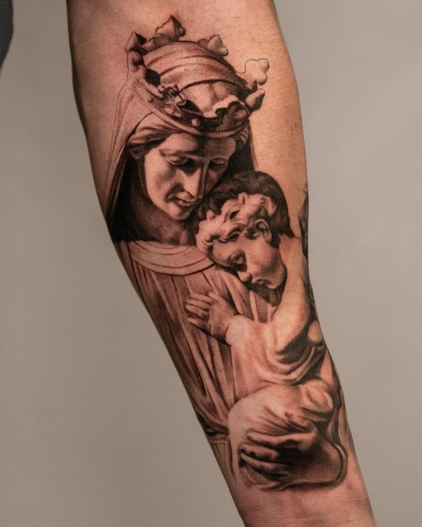 Virgin Mary Realistic Tattoo With Jesus Christ On Forearm