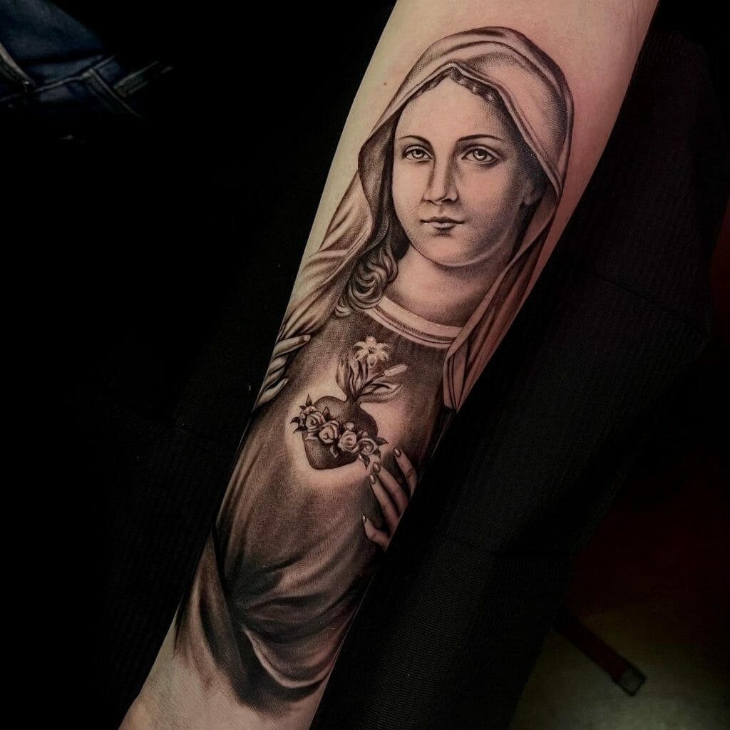 Virgin Mary Tattoo Portrait On Forearm