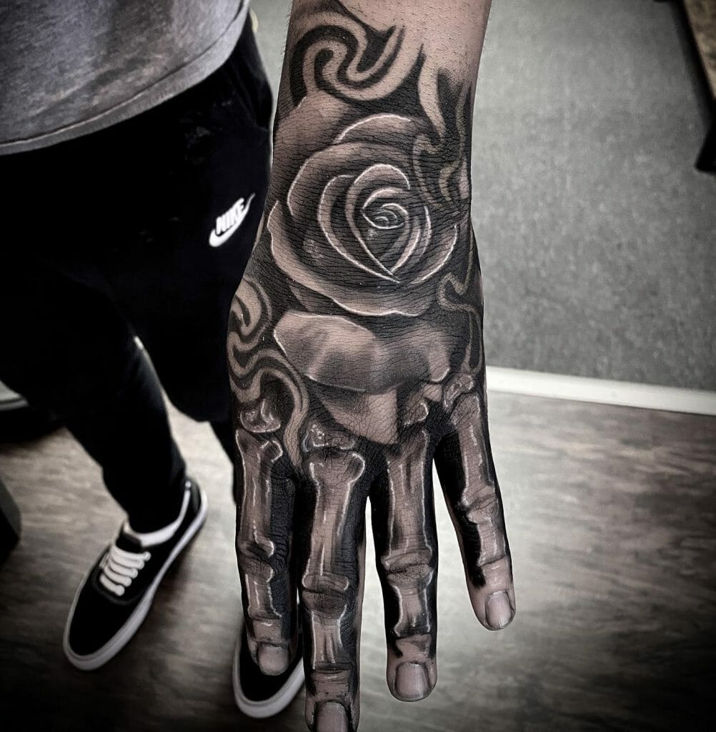 Wrist Skeleton Tattoos With Rose