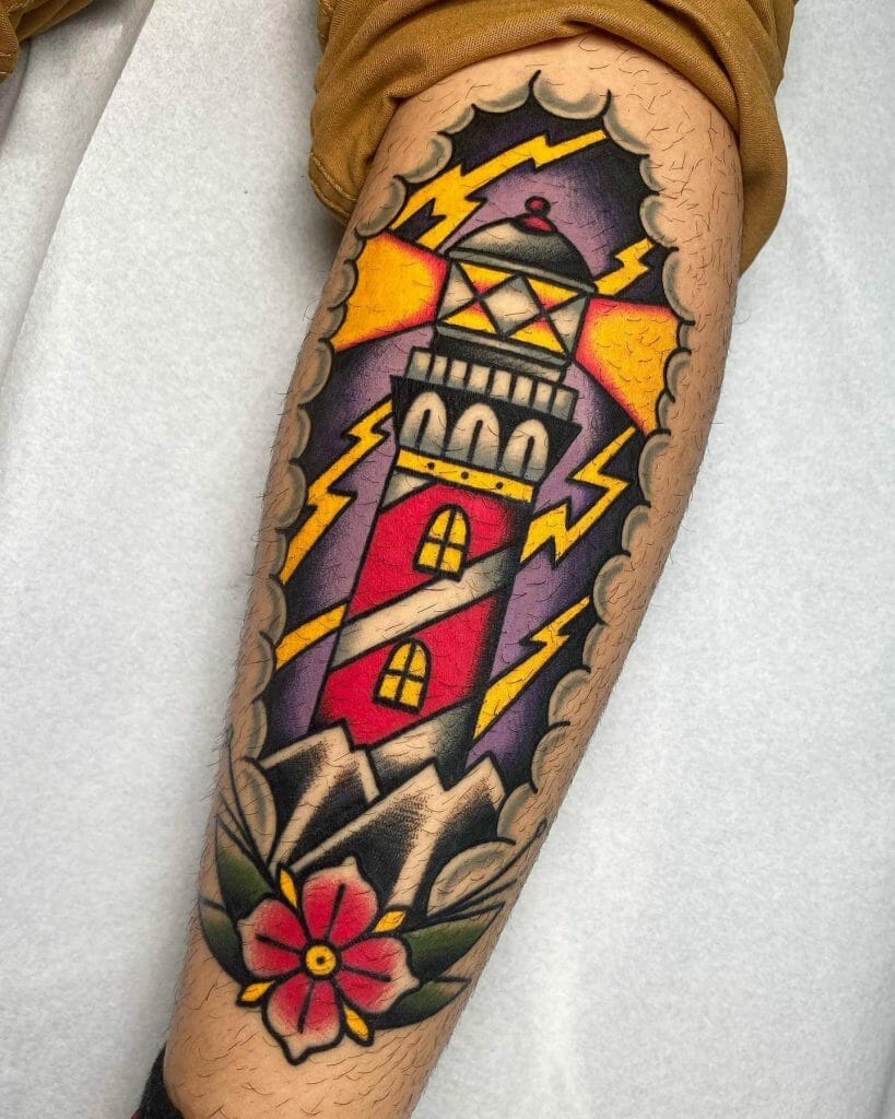 Purple American Traditional Lighthouse Tattoo Flash