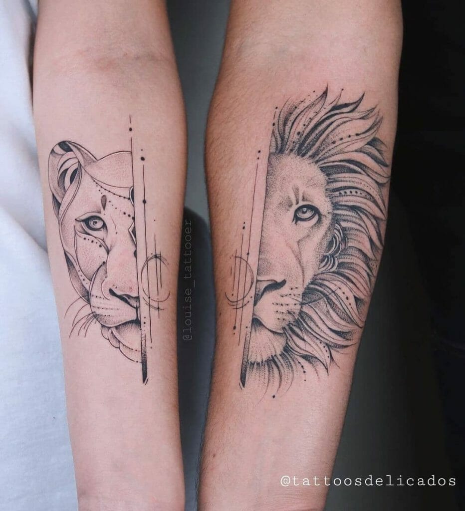 Gray Shading Matching Lion And Lioness Tattoo Ideas