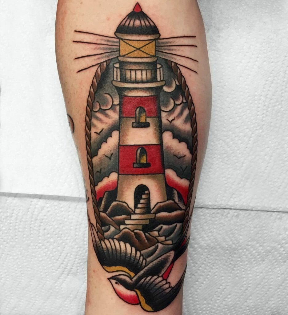 Black And Red Traditional Lighthouse Tattoo Designs