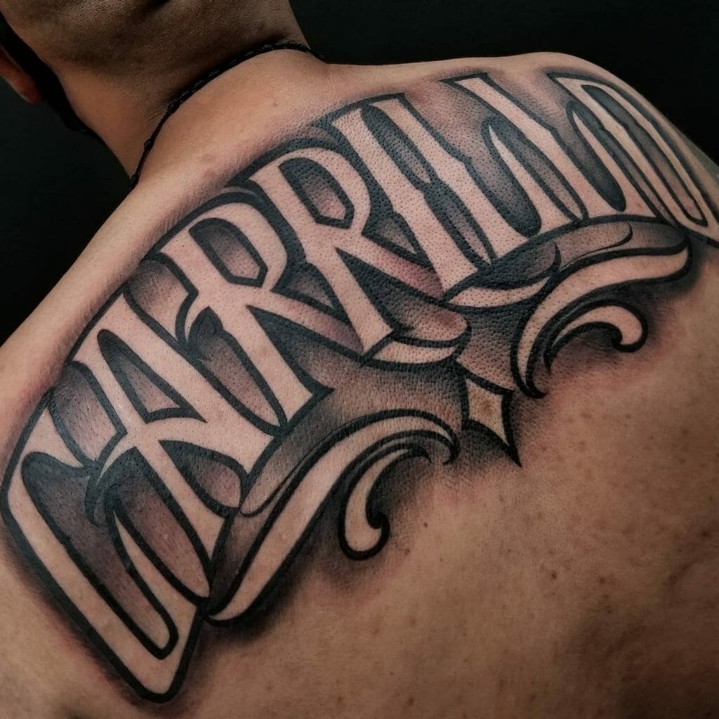  Inked Black And Grey Last Name Tattoo