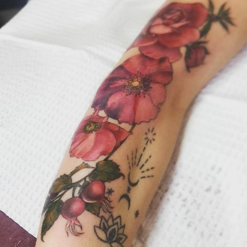  Artistic Inked Colorful Flower Tattoo On Arm