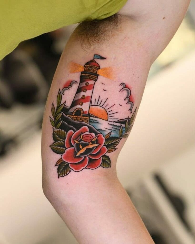 Vibrant New School Lighthouse Tattoo