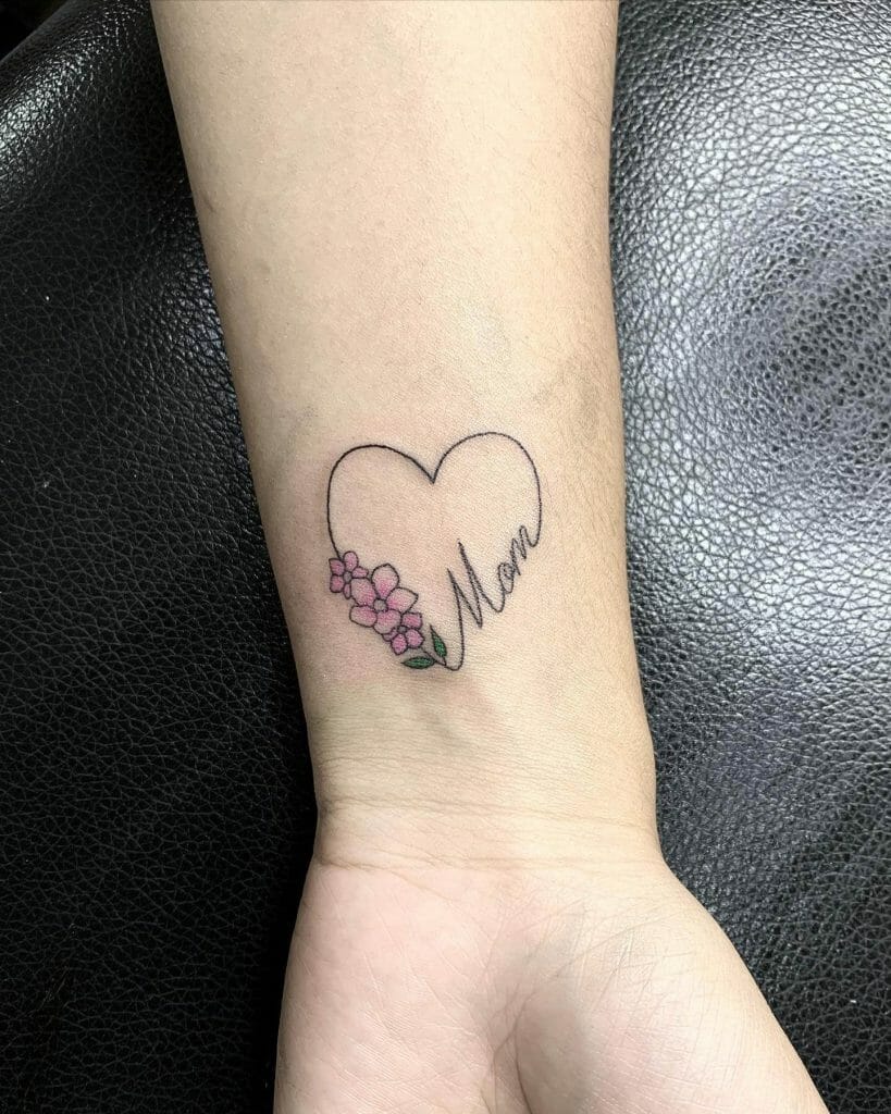 Lettered Heart And Flower Tattoo