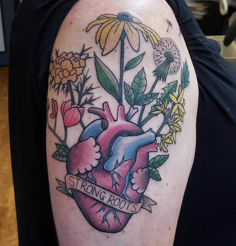 Colorful Heart And Flower Tattoos