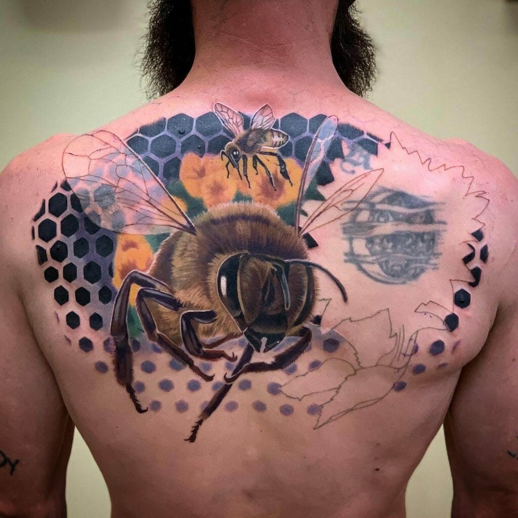 Realistic Honeycomb And Bee Tattoo