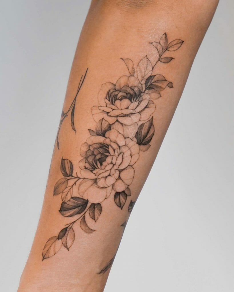 Beautiful Black Arm Flower Tattoo With Leaves