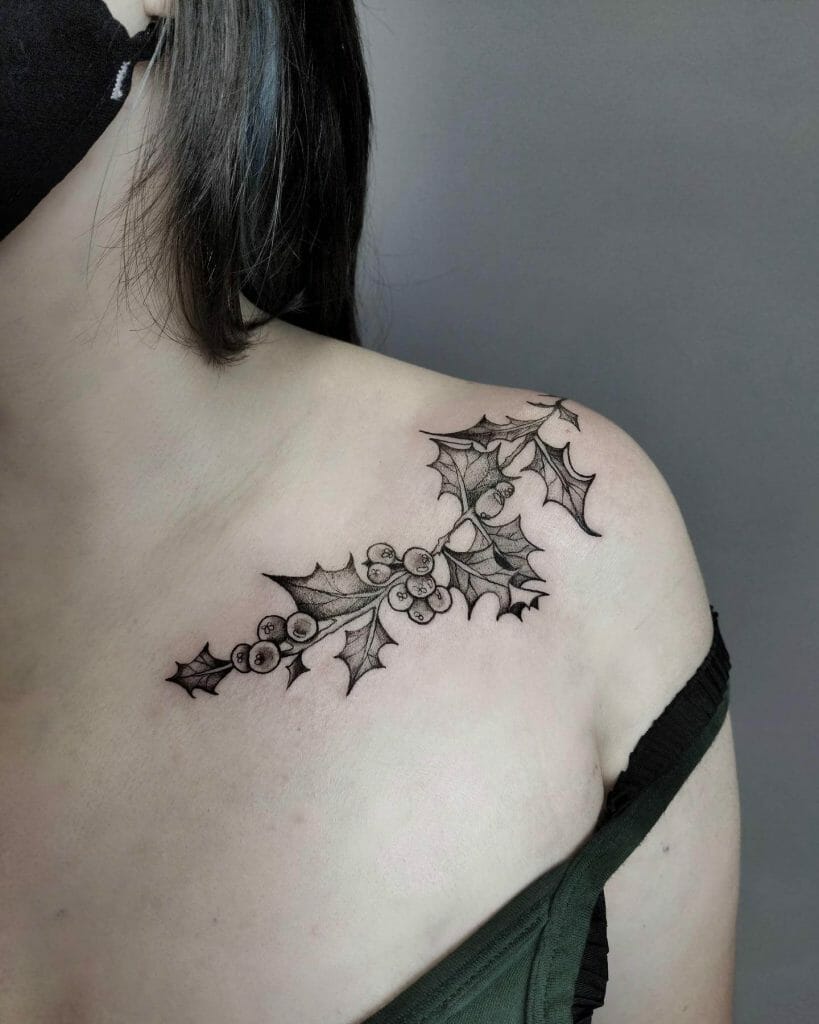Lovely Holly Tattoo Idea For Your Collarbone