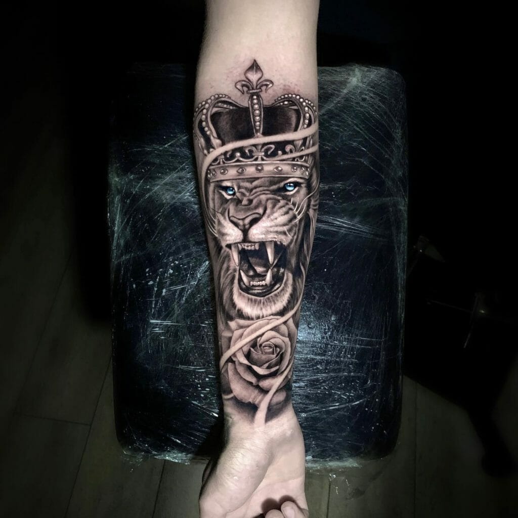 Roaring Lion Tattoo Along With The Crown Tattoo