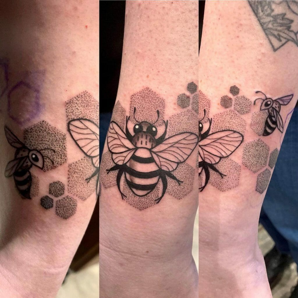 Cartoon Style Honeycomb And Bee Tattoo