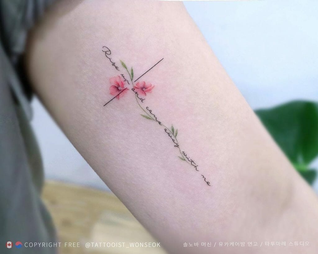 Flower And Lettering Cross Tattoo