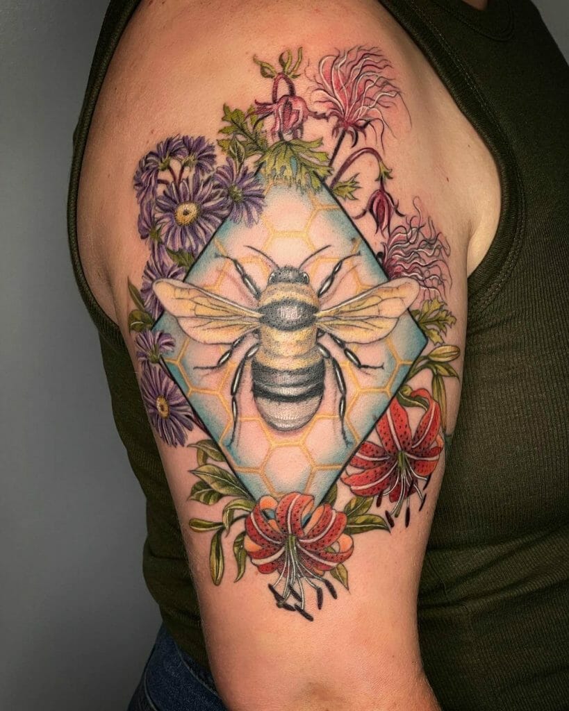 Bee, Honeycomb, And Flowers Tattoo