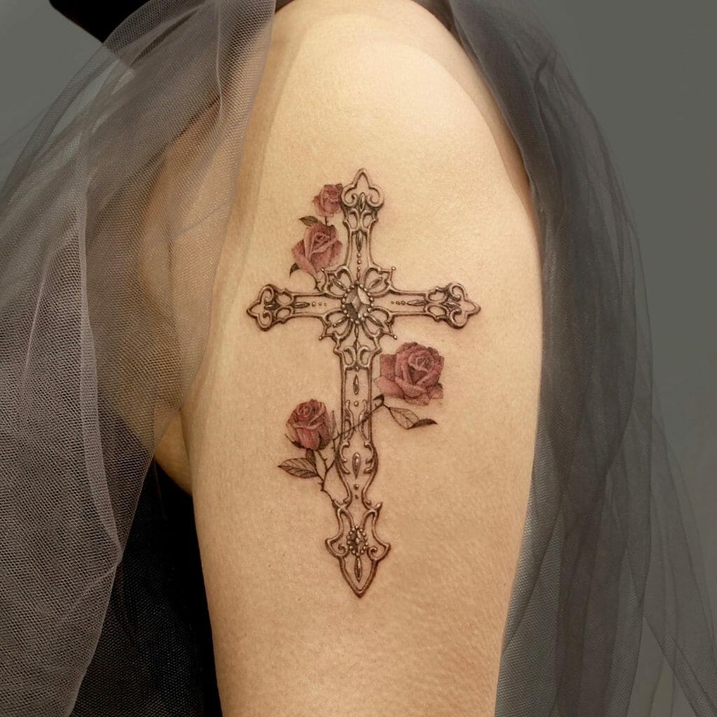 Elegant Flowers With Celtic Cross Tattoo