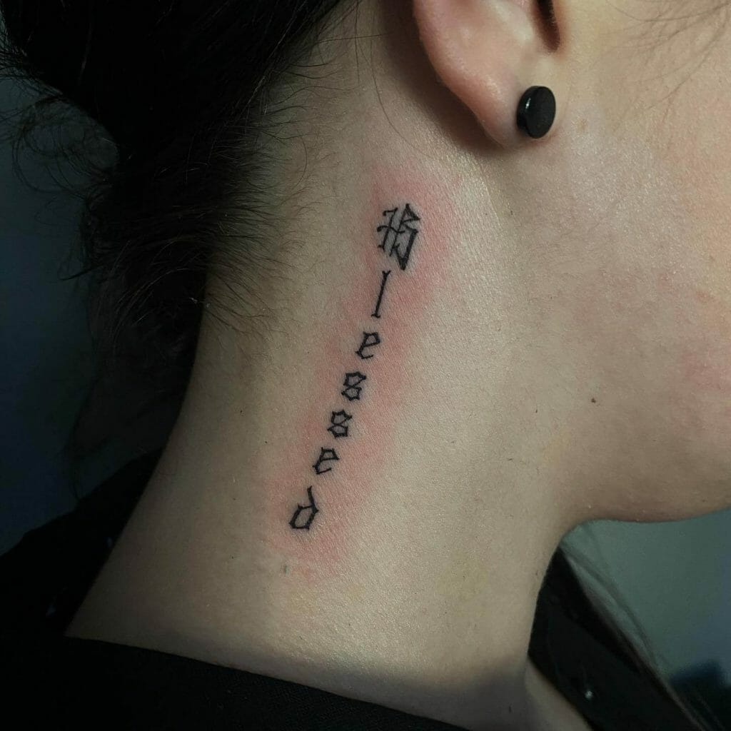 Lettering Small Blessed Neck Tattoo