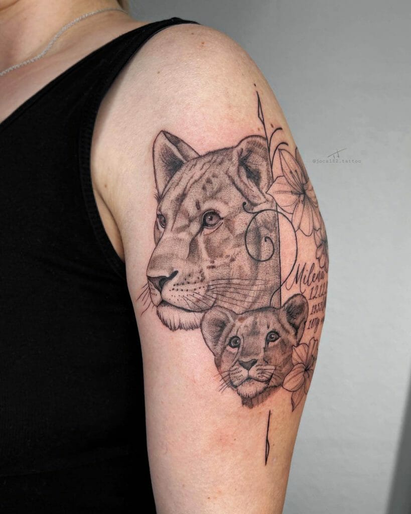 Light Black Ink Flowery Mother Lioness With Cub Tattoo Ideas