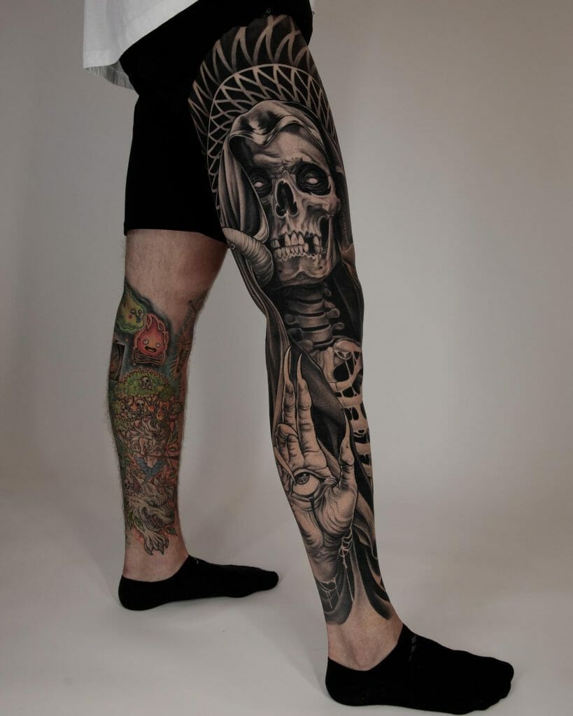 Leg Sleeve Tattoo With Skull Motif