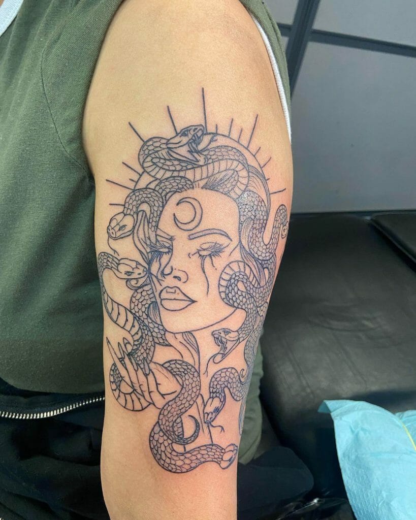 Exquisite Line Work Medusa Stencil Tattoo On Arm