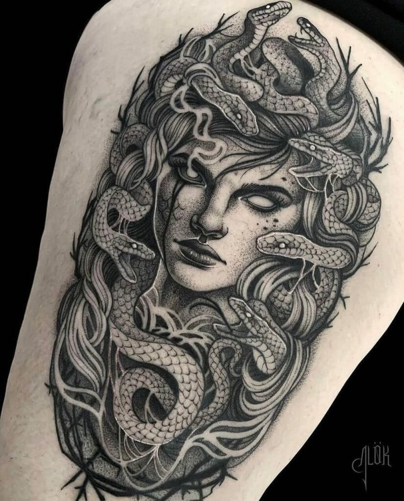  Beautiful Black Work Medusa Tattoo