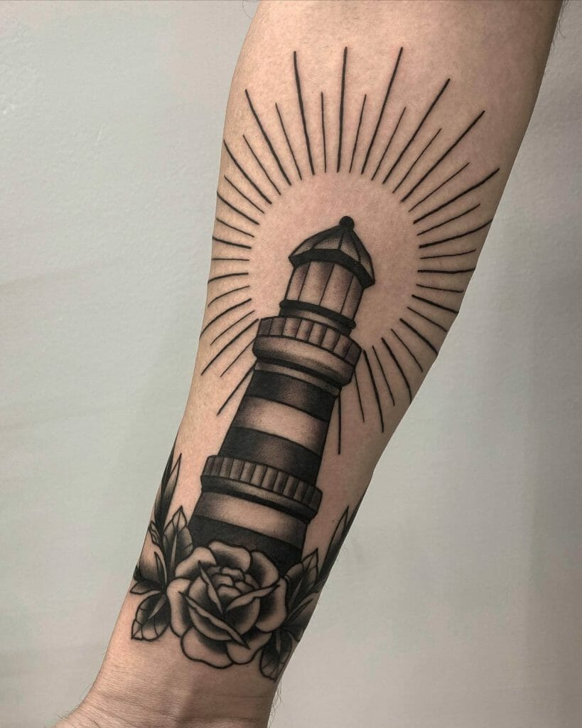 American Traditional Black Ink Lighthouse Tattoo Design