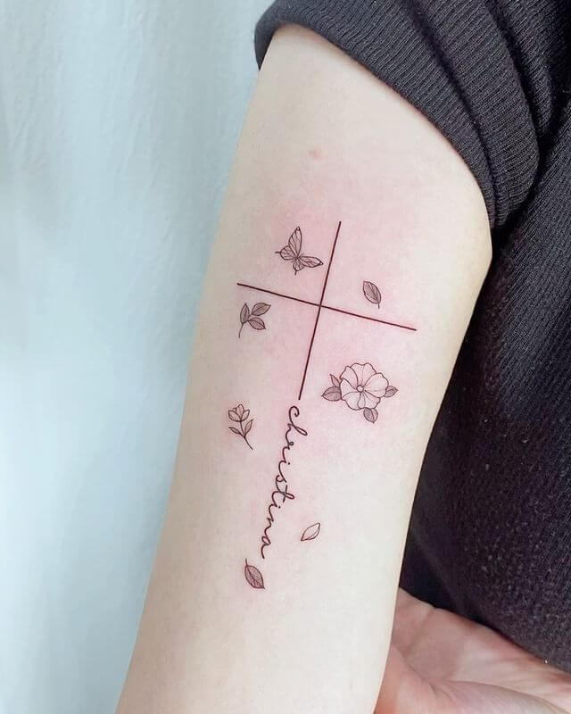 Cross With Flowers And Butterflies Tattoo