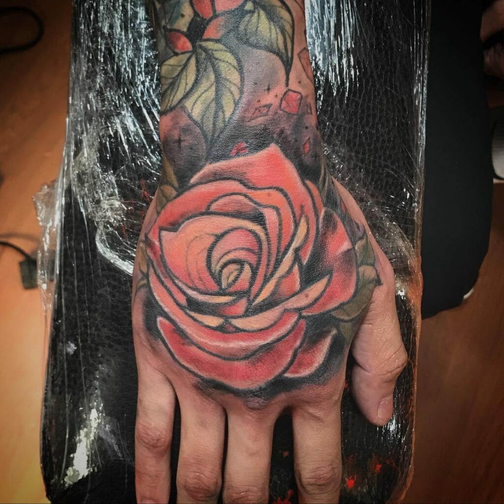  Beautiful Full Color Big Rose Hand Tattoo