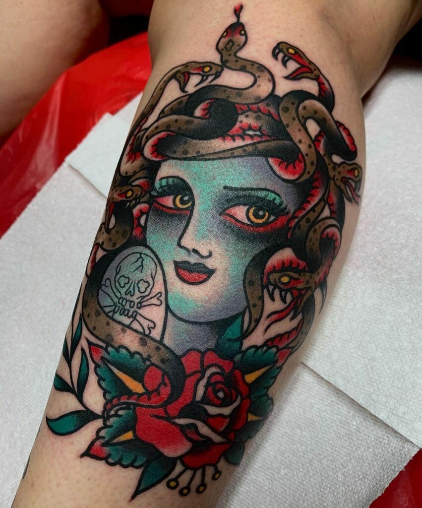  Beautiful Colorful Medusa Stencil Tattoo
