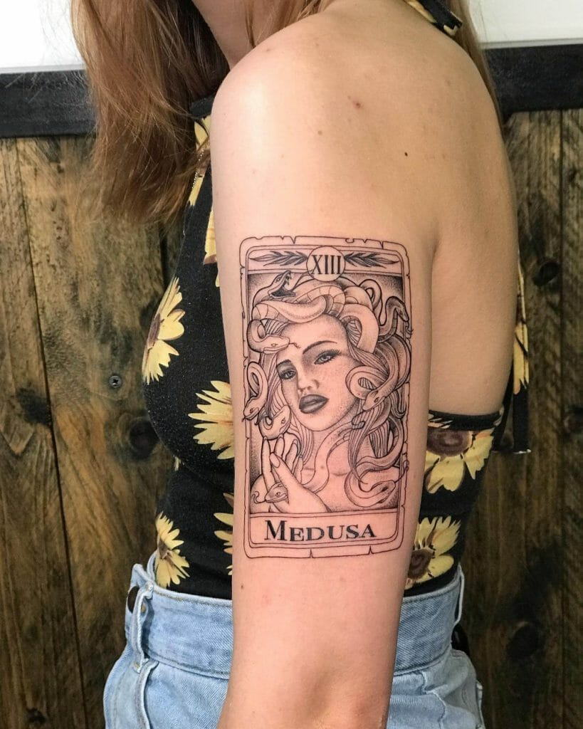 Fine Line Medusa Stencil Tattoo On Arm