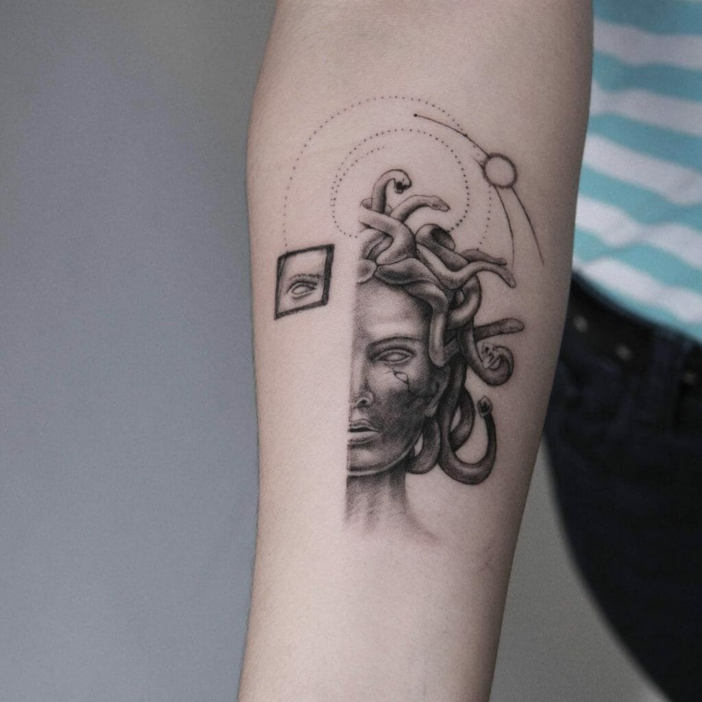 Contemporary Medusa Stencil Tattoo On Arm