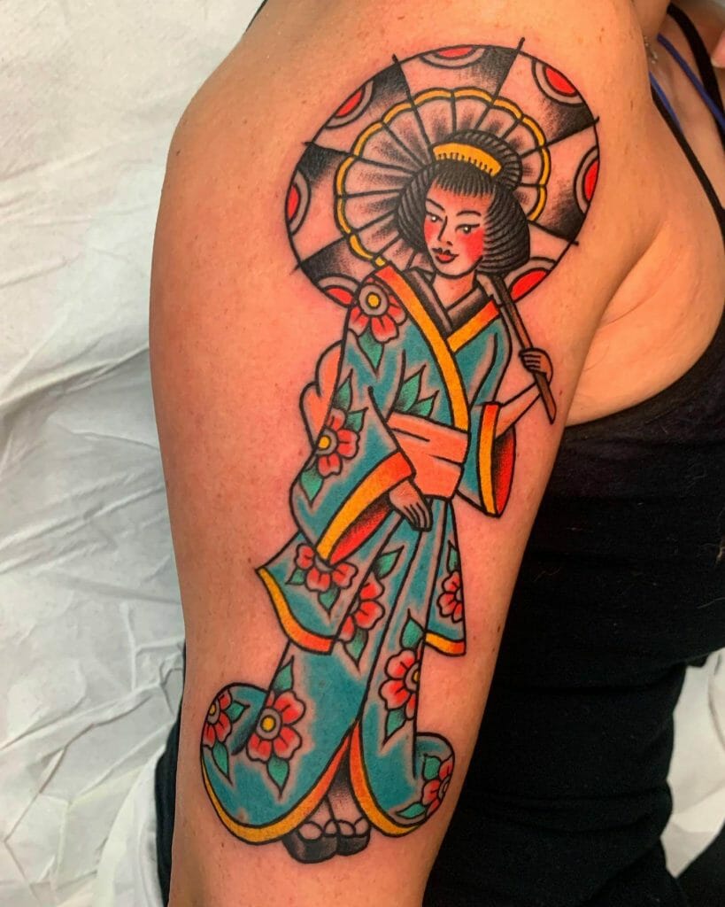  Colorful Geisha Tattoo Sketch With Umbrella