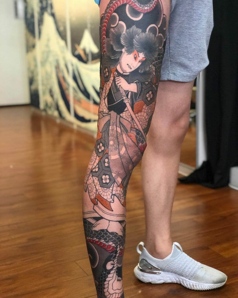 Japanese Samurai Leg Sleeve Tattoo