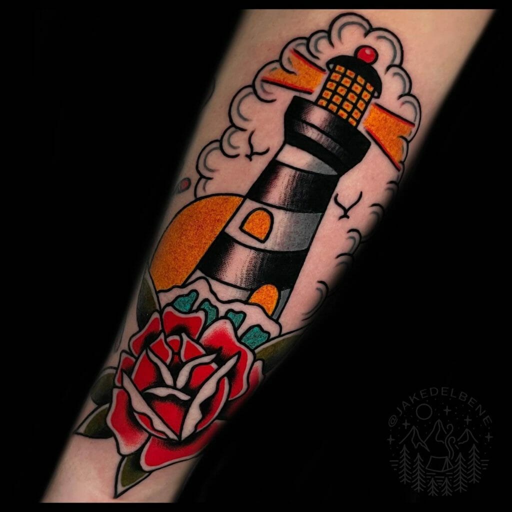 Lustrous Black And Yellow Traditional Lighthouse Tattoo