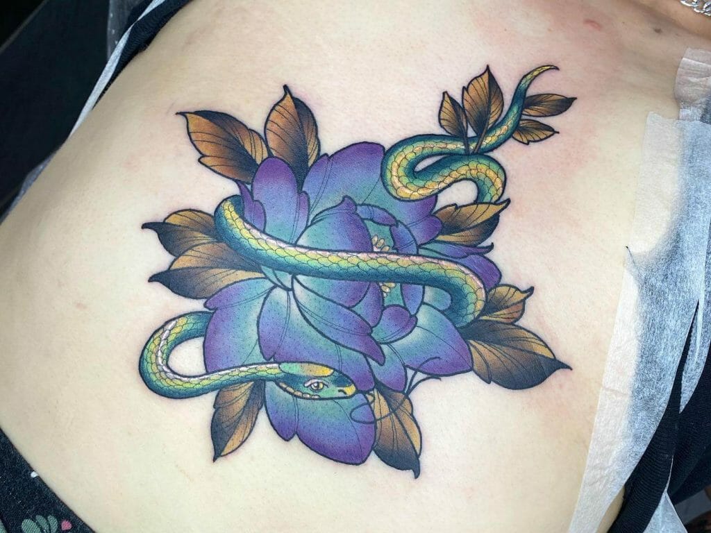 Colorful Snake Sternum Tattoo
