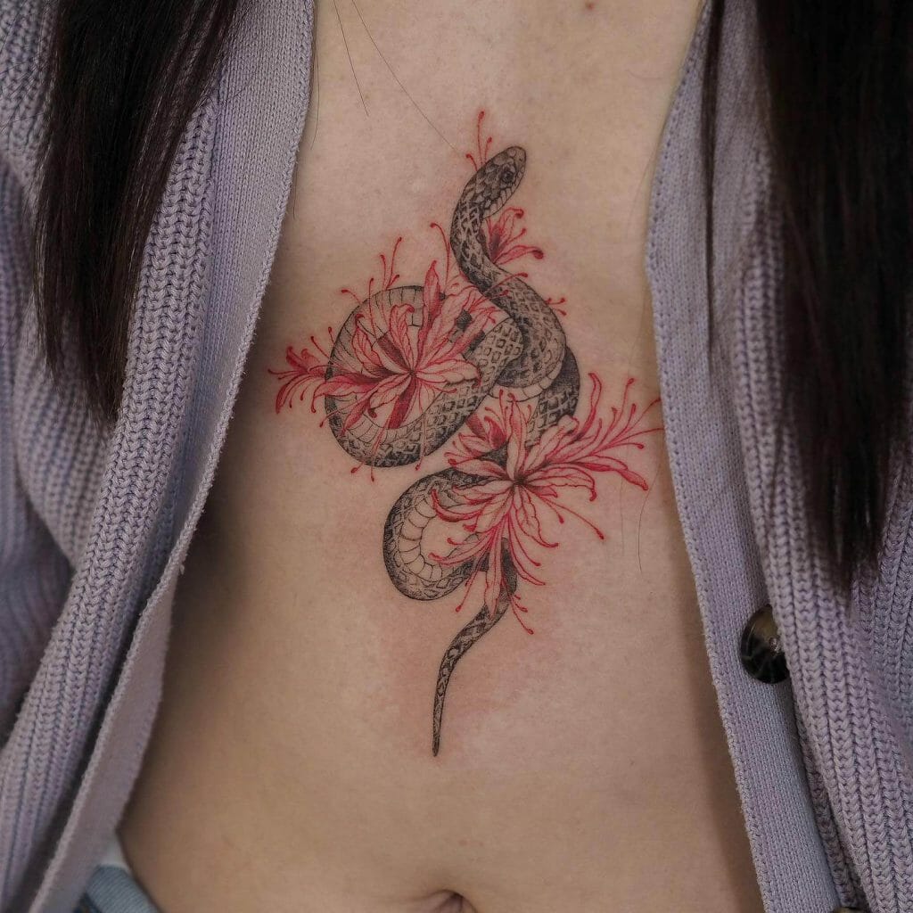 Spider lily and Snake Sternum Tattoo