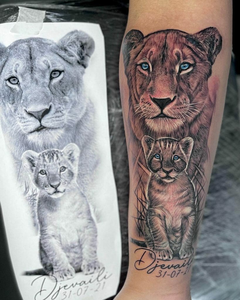 Colorful Lion and Lioness With Cubs Tattoo Ideas